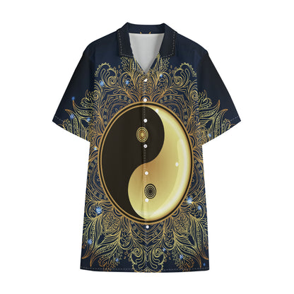 Gold Yin Yang Mandala Print Cotton Hawaiian Shirt