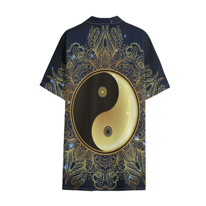 Gold Yin Yang Mandala Print Cotton Hawaiian Shirt