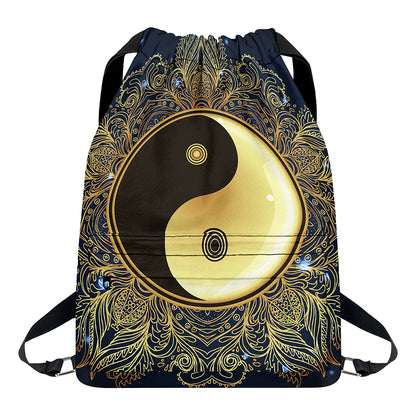 Gold Yin Yang Mandala Print Drawstring Backpack
