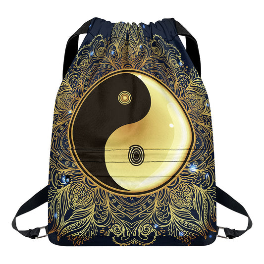 Gold Yin Yang Mandala Print Drawstring Backpack