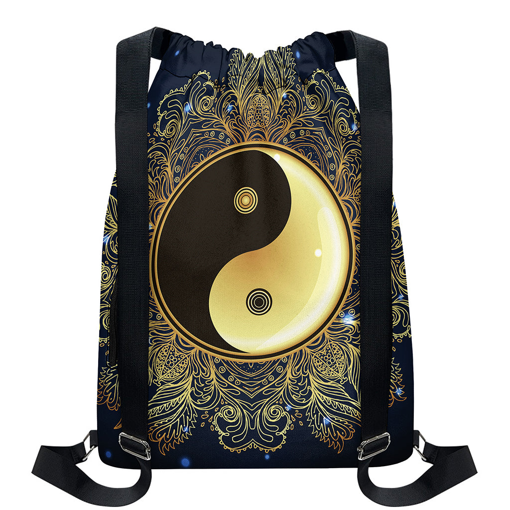 Gold Yin Yang Mandala Print Drawstring Backpack