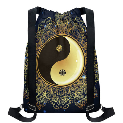 Gold Yin Yang Mandala Print Drawstring Backpack