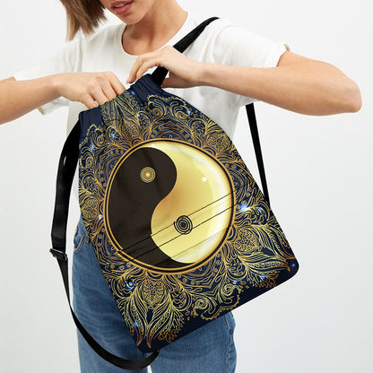 Gold Yin Yang Mandala Print Drawstring Backpack