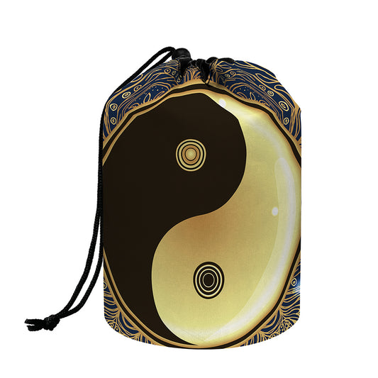Gold Yin Yang Mandala Print Drawstring Makeup Bag