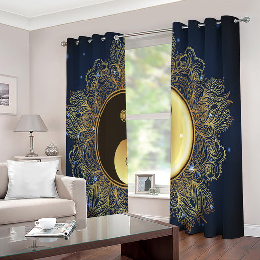Gold Yin Yang Mandala Print Extra Wide Grommet Curtains