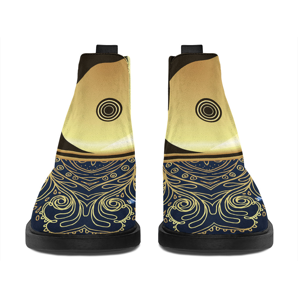 Gold Yin Yang Mandala Print Flat Ankle Boots