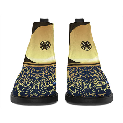 Gold Yin Yang Mandala Print Flat Ankle Boots