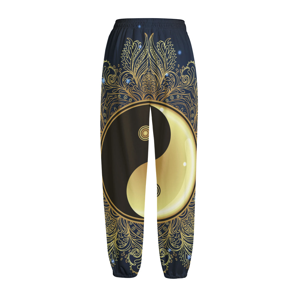 Gold Yin Yang Mandala Print Fleece Lined Knit Pants