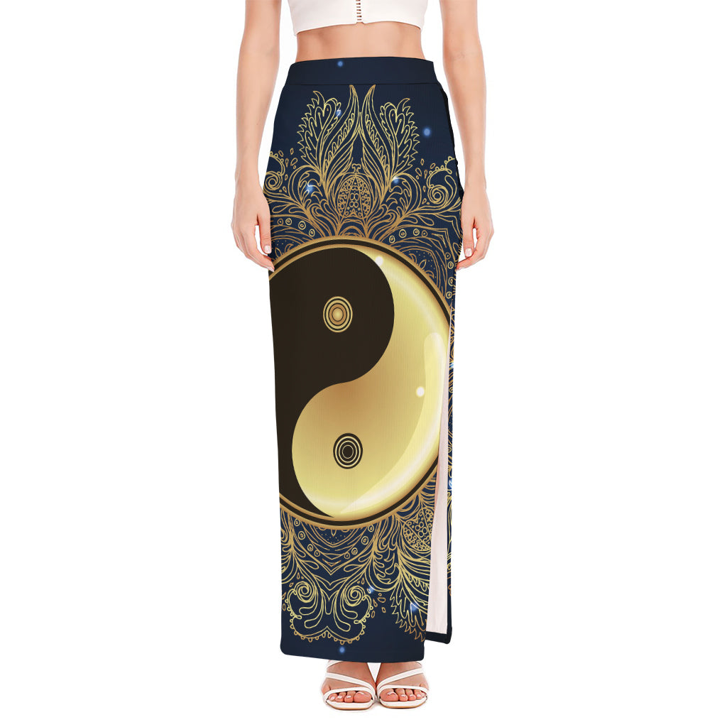 Gold Yin Yang Mandala Print High Slit Maxi Skirt