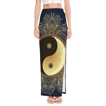 Gold Yin Yang Mandala Print High Slit Maxi Skirt