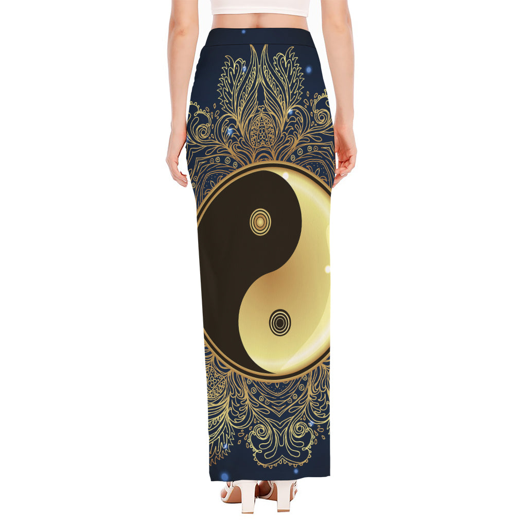 Gold Yin Yang Mandala Print High Slit Maxi Skirt
