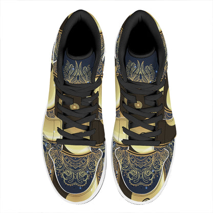 Gold Yin Yang Mandala Print High Top Leather Sneakers