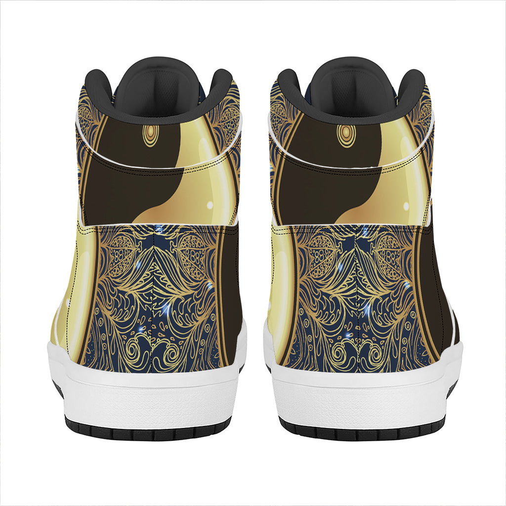 Gold Yin Yang Mandala Print High Top Leather Sneakers