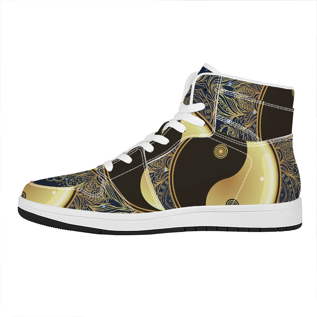 Gold Yin Yang Mandala Print High Top Leather Sneakers