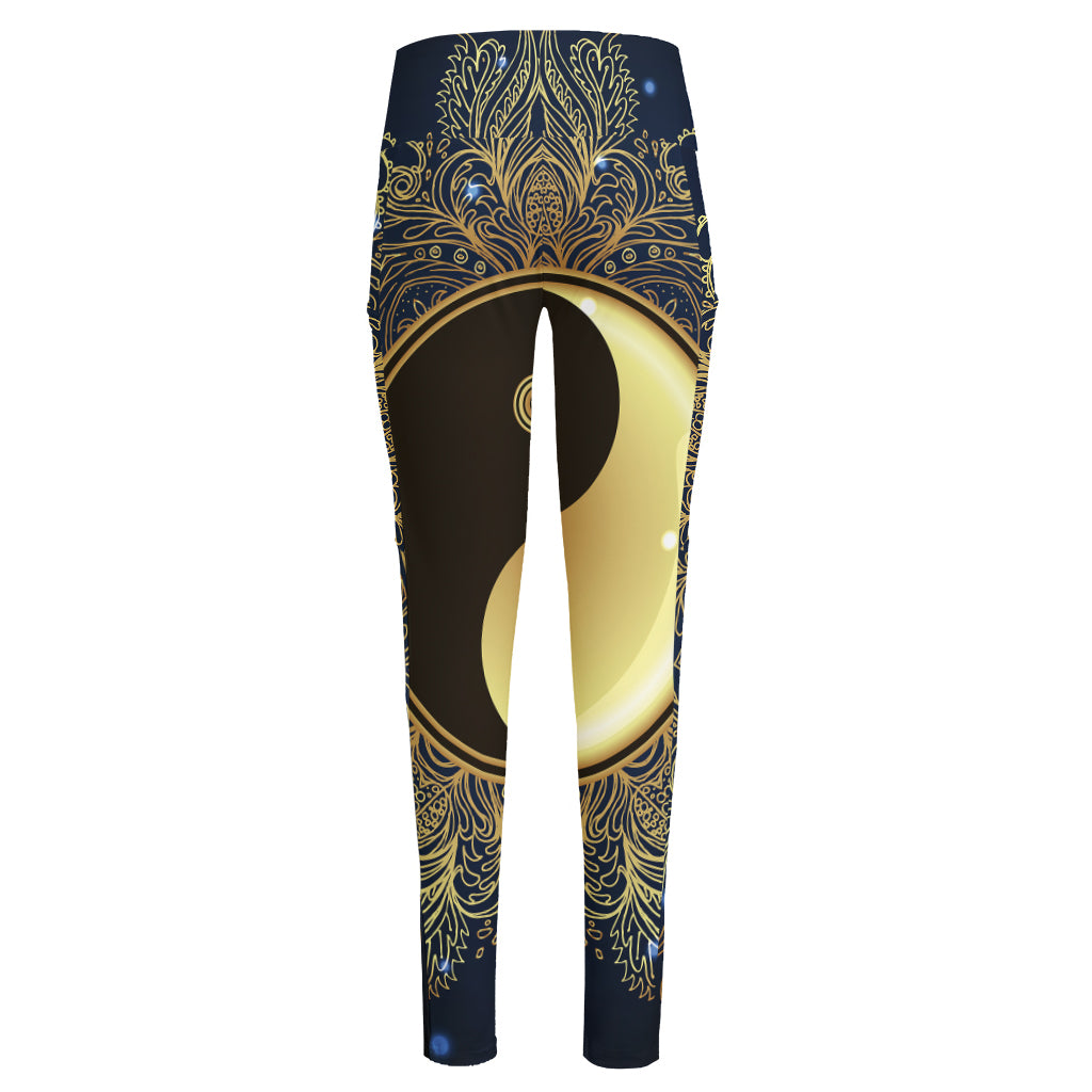 Gold Yin Yang Mandala Print High-Waisted Pocket Leggings