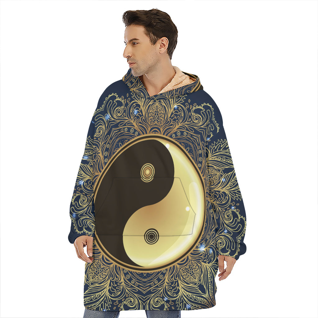 Gold Yin Yang Mandala Print Hoodie Blanket