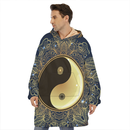 Gold Yin Yang Mandala Print Hoodie Blanket