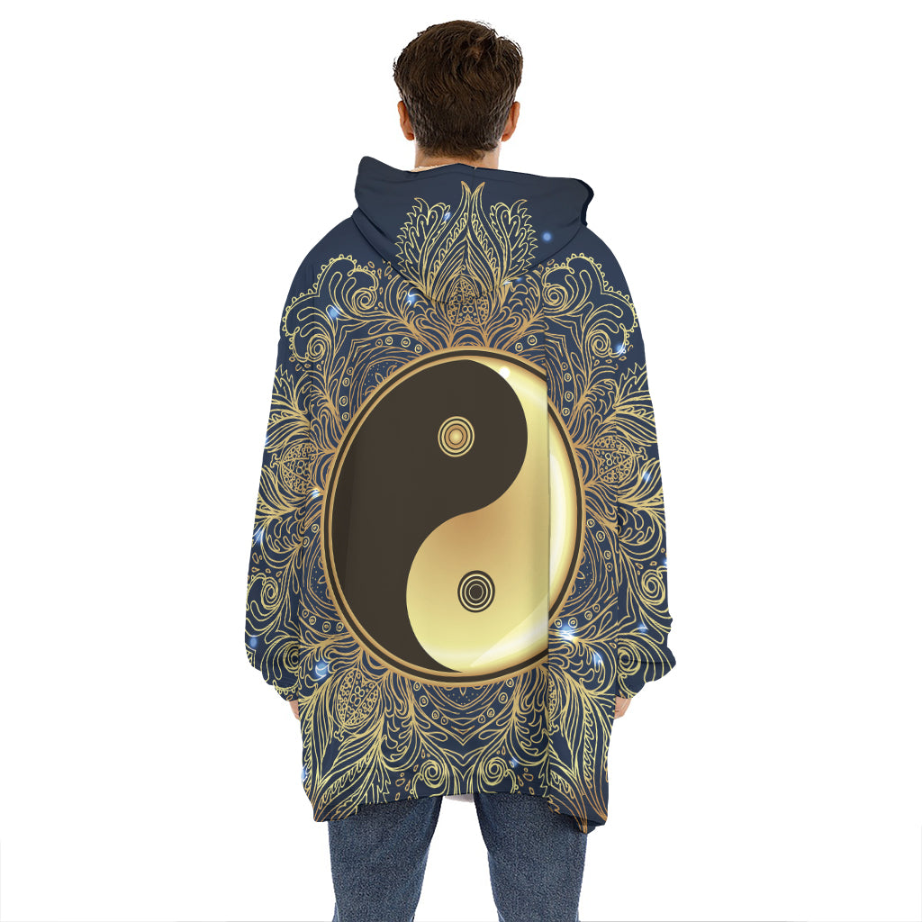 Gold Yin Yang Mandala Print Hoodie Blanket