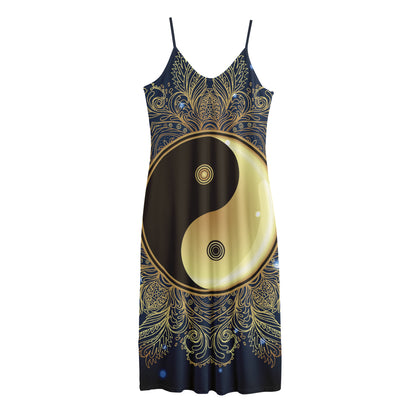 Gold Yin Yang Mandala Print Jersey Midi Cami Dress