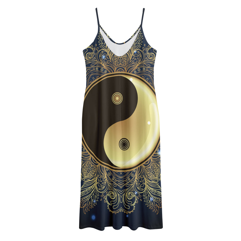 Gold Yin Yang Mandala Print Jersey Midi Cami Dress