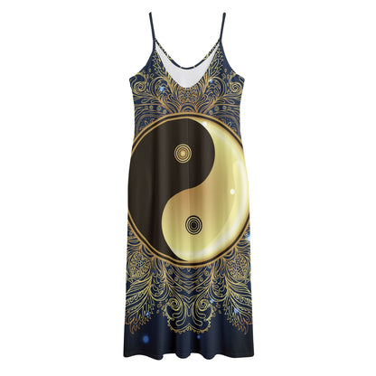 Gold Yin Yang Mandala Print Jersey Midi Cami Dress