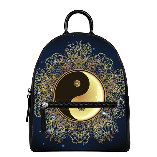 Gold Yin Yang Mandala Print Leather Backpack