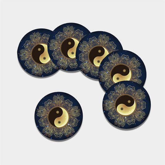Gold Yin Yang Mandala Print Leather Coaster Set