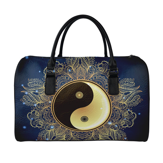 Gold Yin Yang Mandala Print Leather Duffle Bag