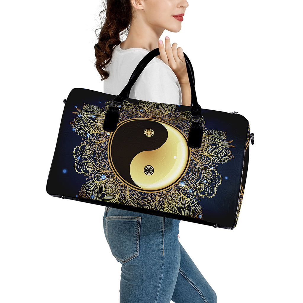 Gold Yin Yang Mandala Print Leather Duffle Bag