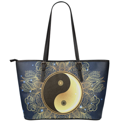 Gold Yin Yang Mandala Print Leather Tote Bag
