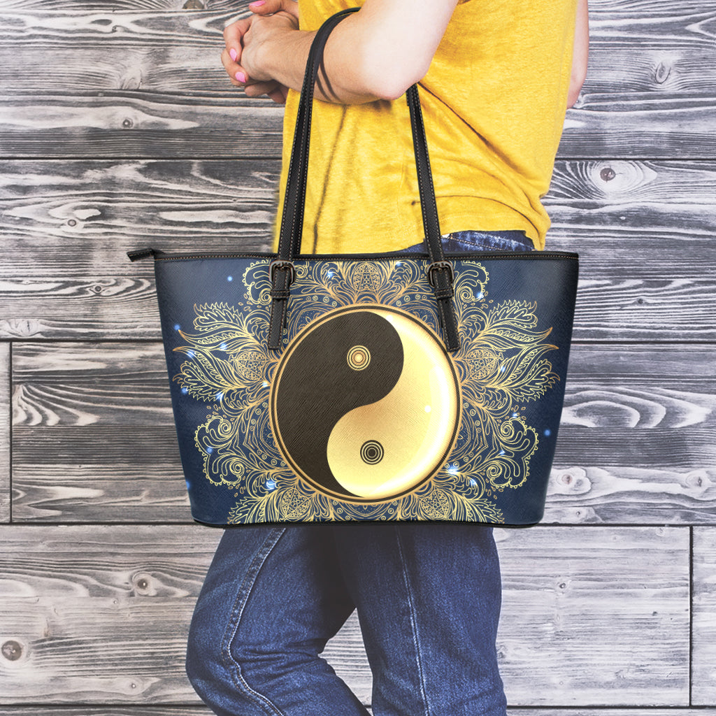 Gold Yin Yang Mandala Print Leather Tote Bag