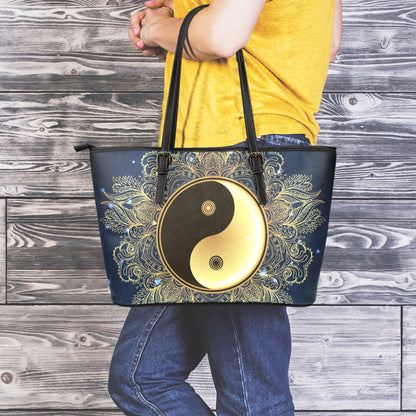 Gold Yin Yang Mandala Print Leather Tote Bag