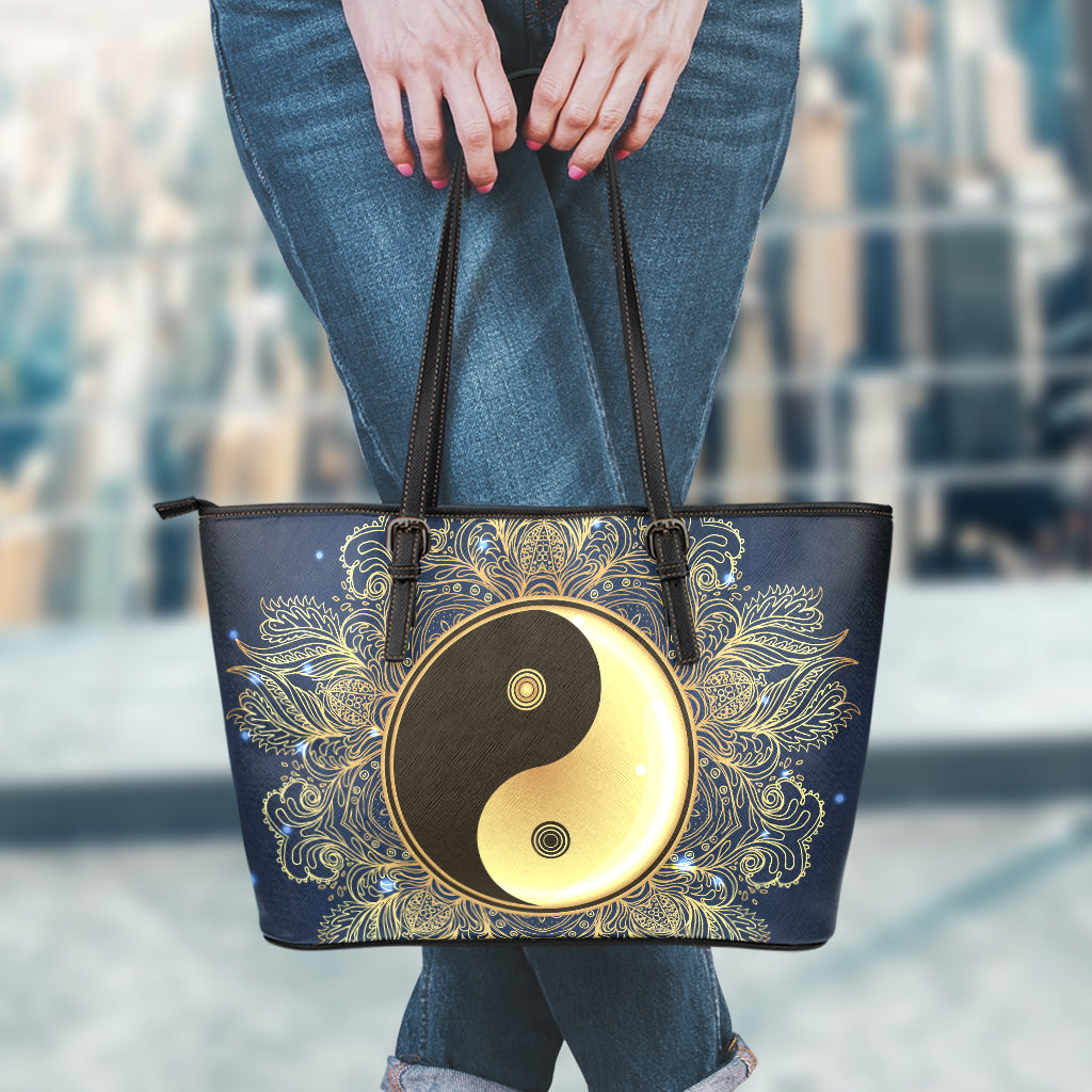 Gold Yin Yang Mandala Print Leather Tote Bag