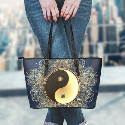 Gold Yin Yang Mandala Print Leather Tote Bag