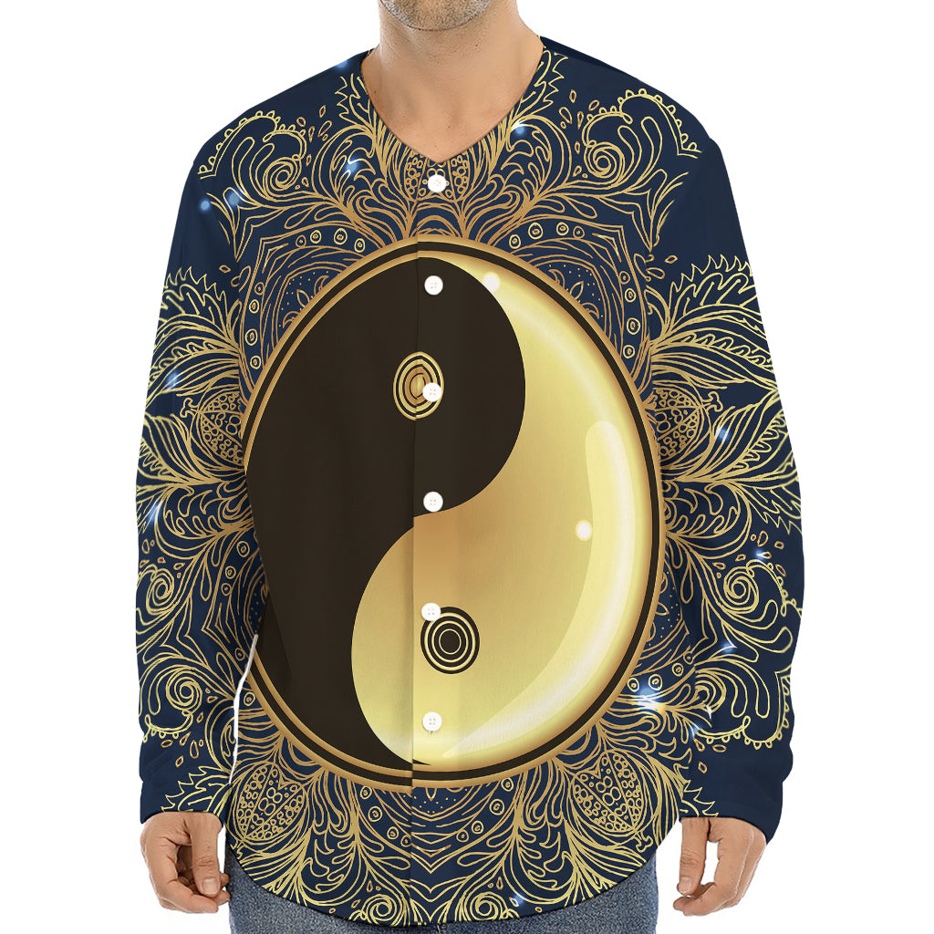 Gold Yin Yang Mandala Print Long Sleeve Baseball Jersey