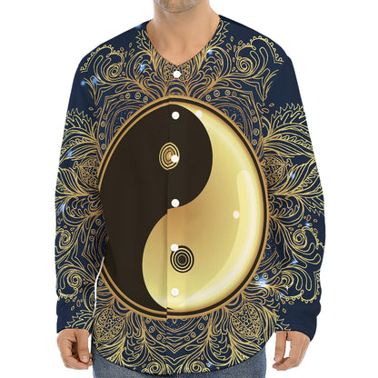 Gold Yin Yang Mandala Print Long Sleeve Baseball Jersey