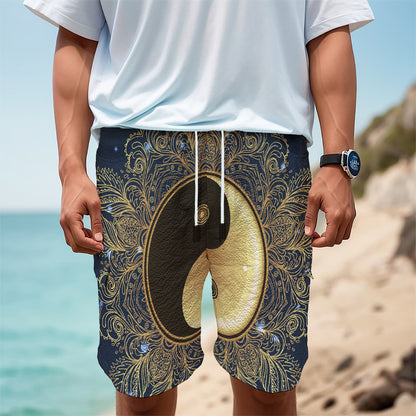 Gold Yin Yang Mandala Print Men's Cargo Shorts