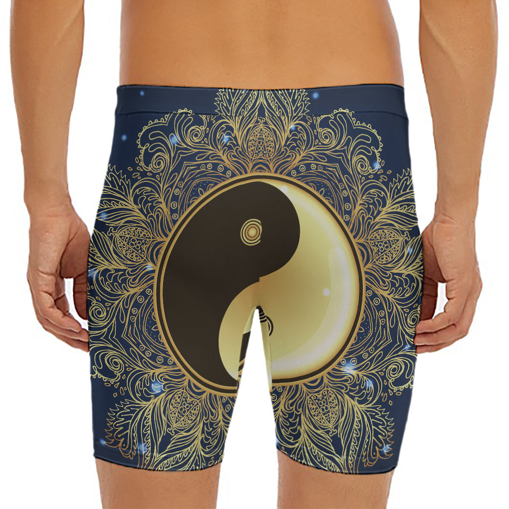 Gold Yin Yang Mandala Print Men's Long Boxer Briefs