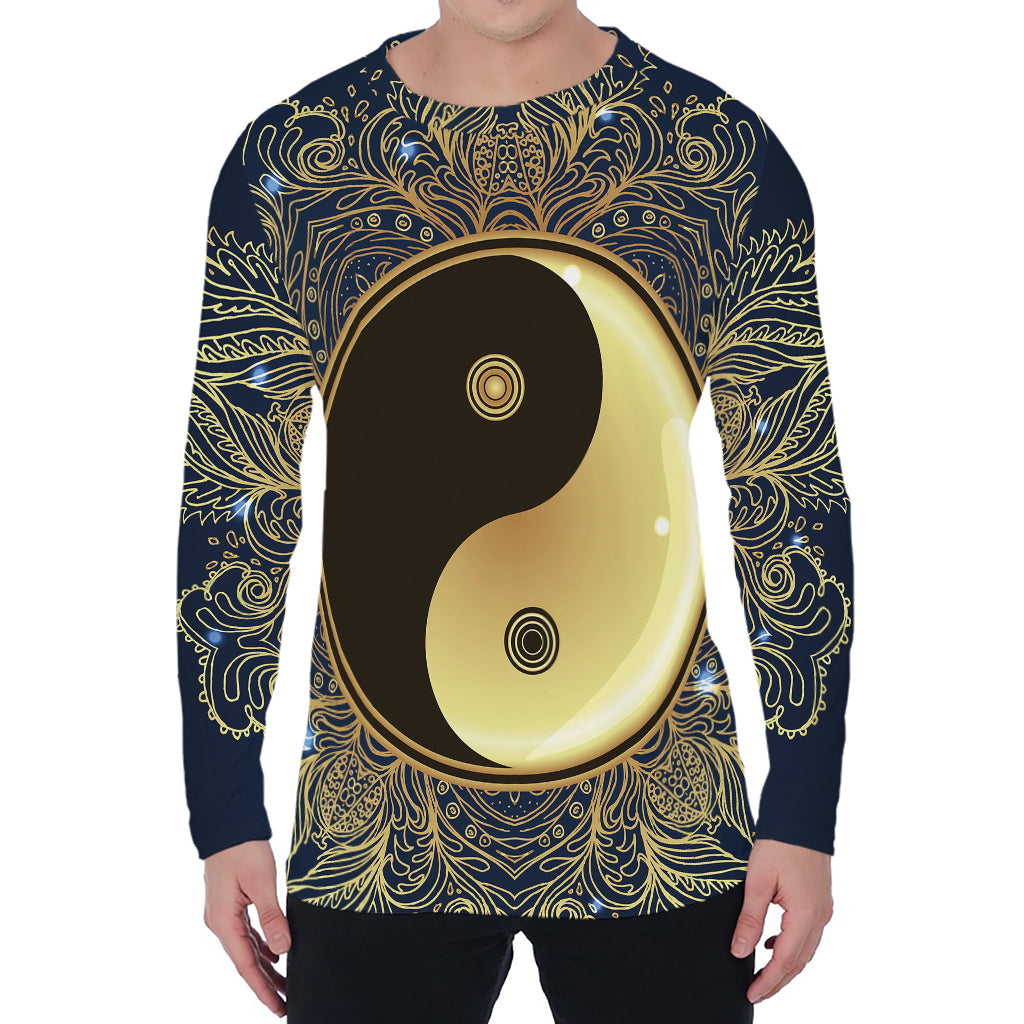 Gold Yin Yang Mandala Print Men's Long Sleeve T-Shirt