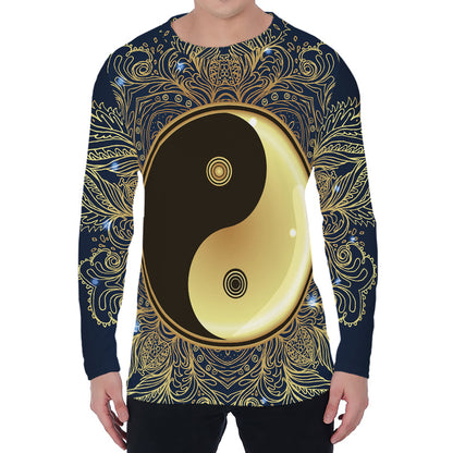 Gold Yin Yang Mandala Print Men's Long Sleeve T-Shirt