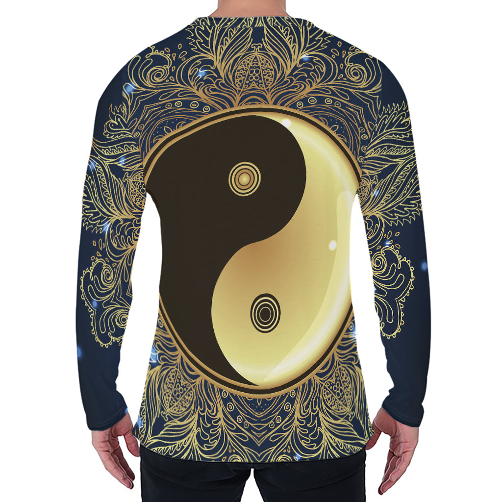 Gold Yin Yang Mandala Print Men's Long Sleeve T-Shirt