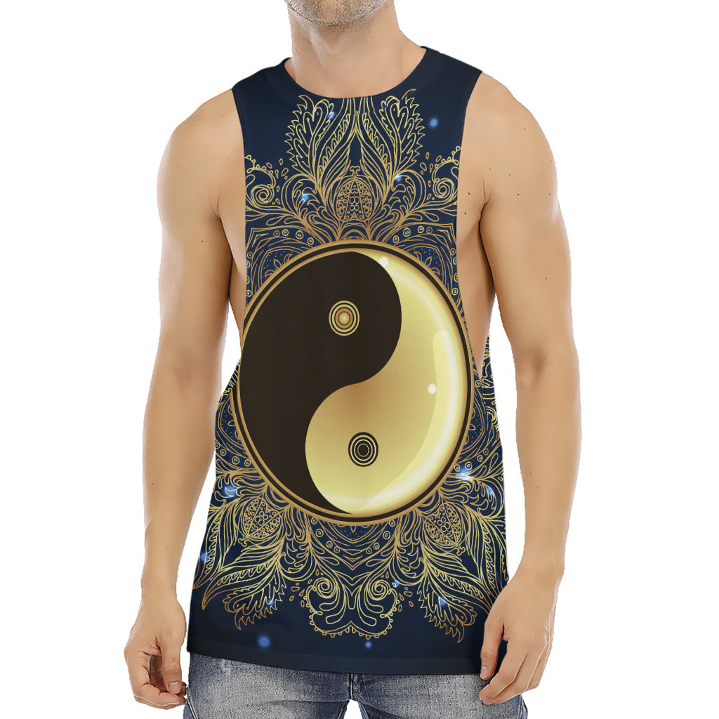 Gold Yin Yang Mandala Print Men's Muscle Tank Top