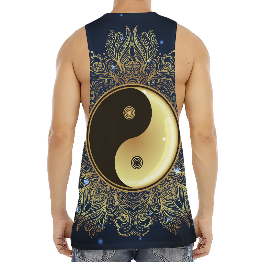 Gold Yin Yang Mandala Print Men's Muscle Tank Top