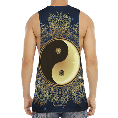 Gold Yin Yang Mandala Print Men's Muscle Tank Top