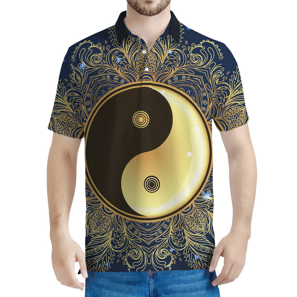 Gold Yin Yang Mandala Print Men's Polo Shirt