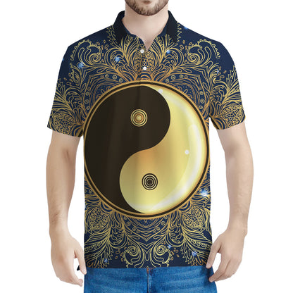 Gold Yin Yang Mandala Print Men's Polo Shirt