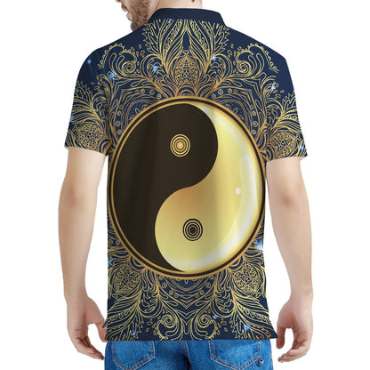 Gold Yin Yang Mandala Print Men's Polo Shirt