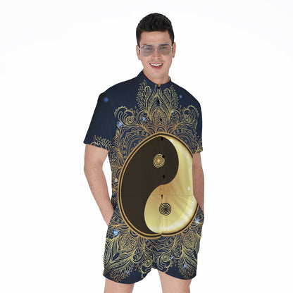 Gold Yin Yang Mandala Print Men's Rompers