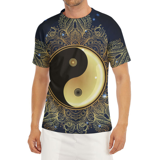 Gold Yin Yang Mandala Print Men's Short Sleeve Rash Guard
