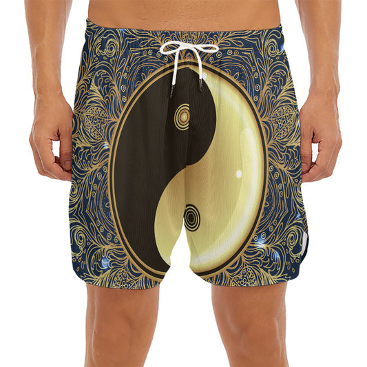 Gold Yin Yang Mandala Print Men's Split Running Shorts